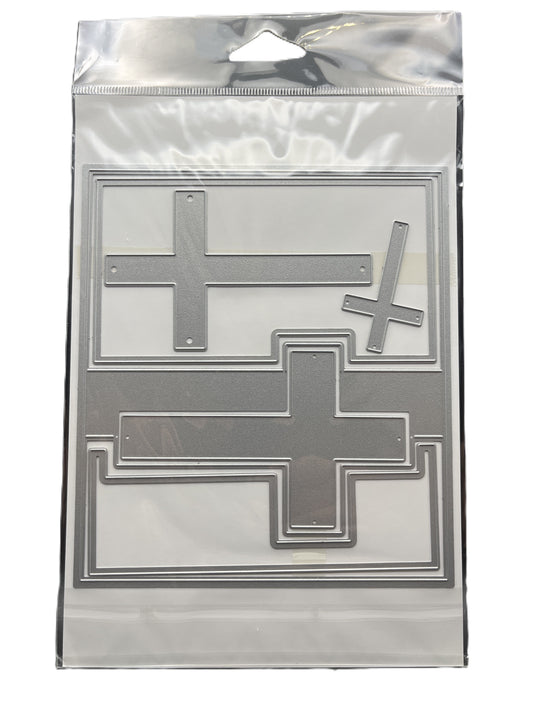 Metallic cross-shaped stamps in a clear plastic packaging on a white background