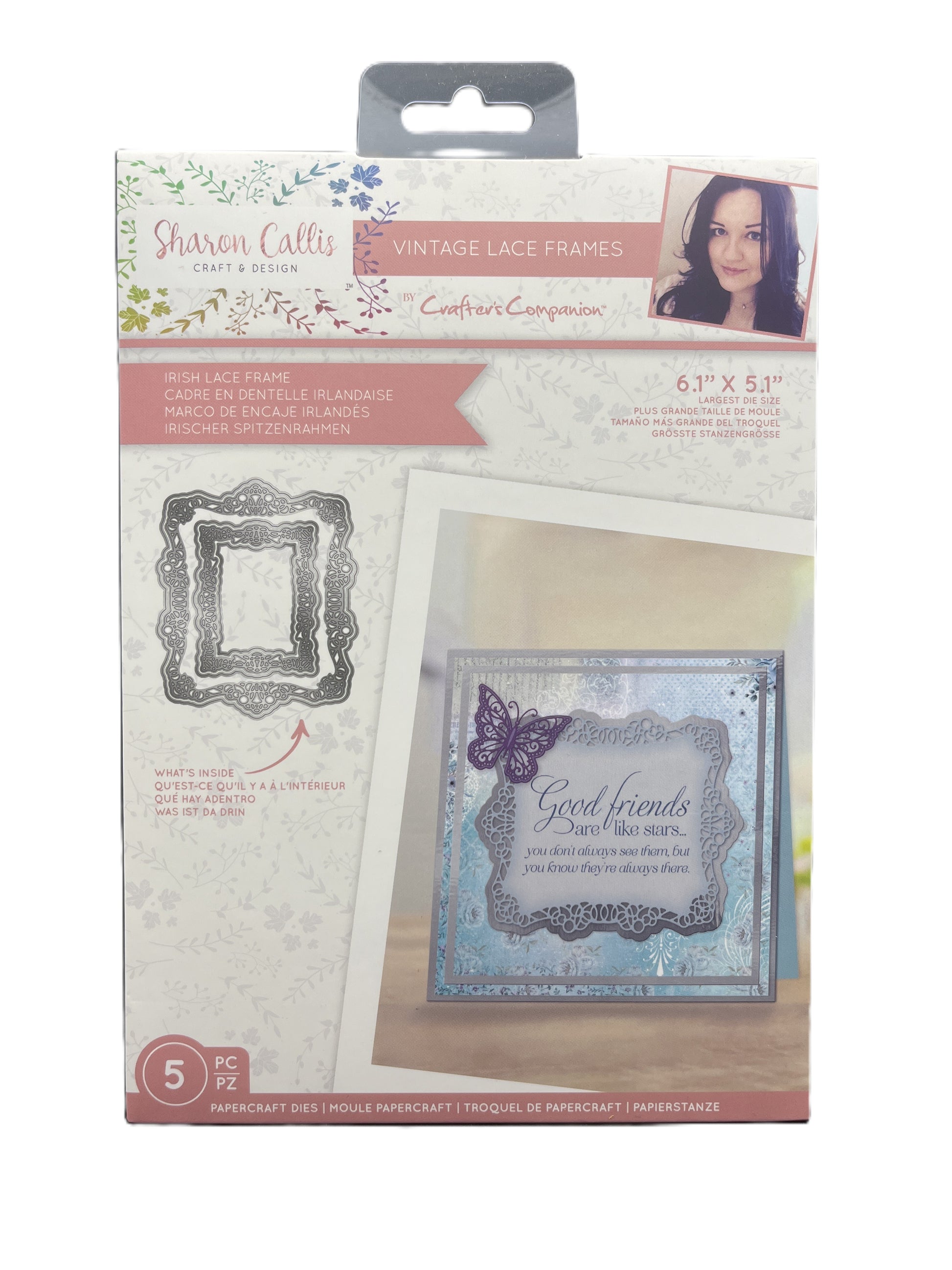 Packaged vintage lace frames with a butterfly design and text, featuring Sharon Cally branding.