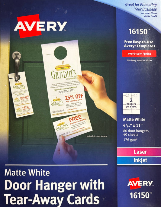 Avery 16150 door hanger with tear-away cards packaging on a wooden surface