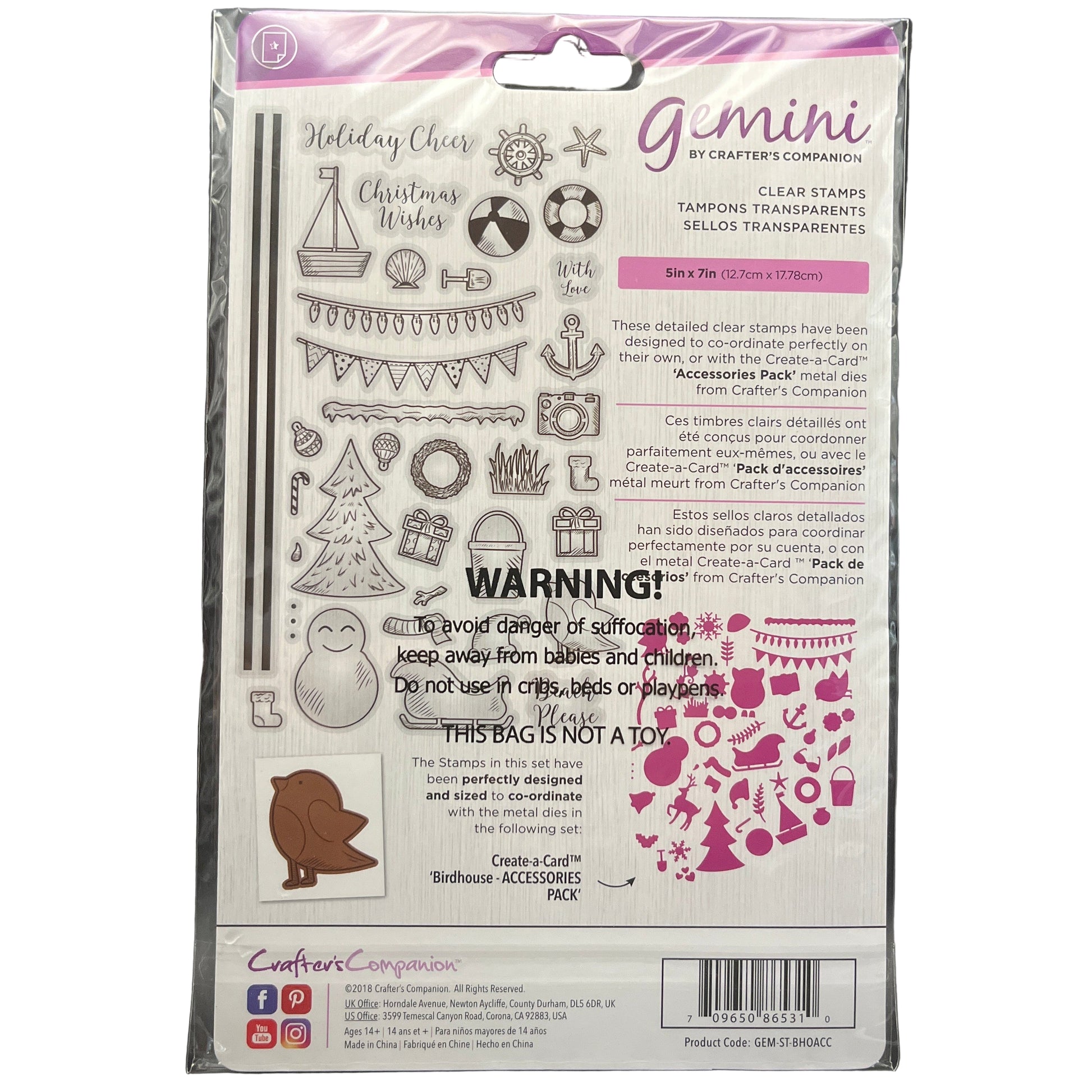 Package of Gemini clear stamps with illustrations and text on a white background