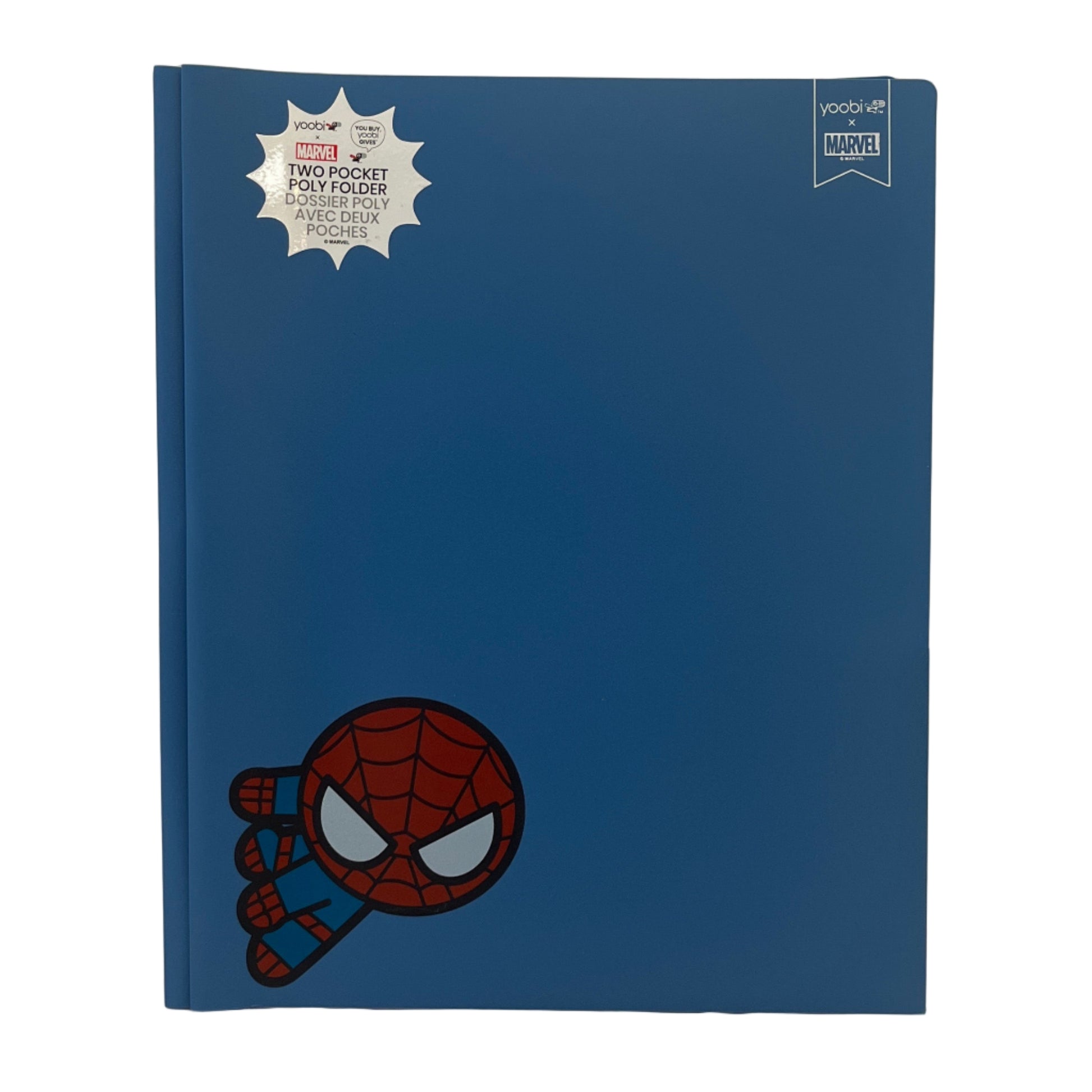 Blue two-pocket folder with Spider-Man design on a white background