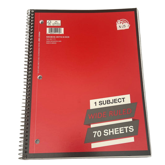 Red notebook with text on a white background