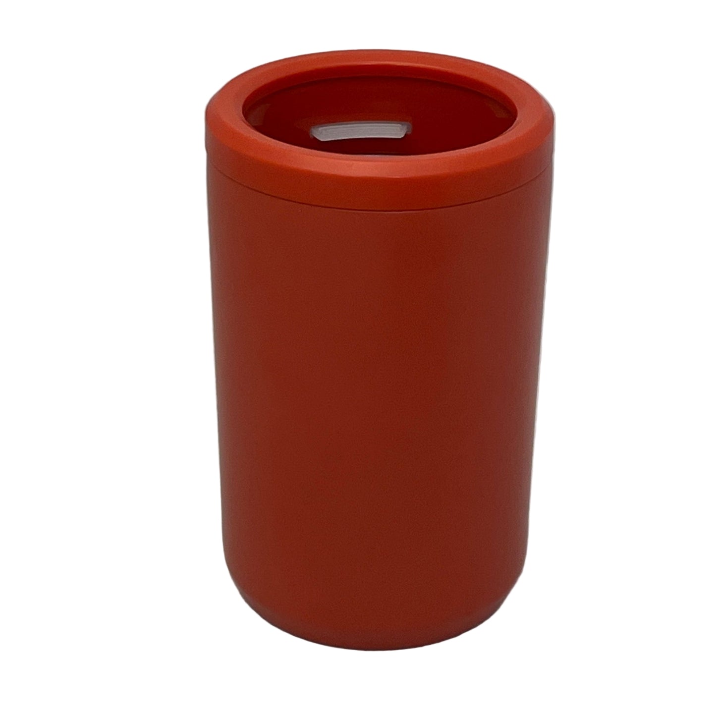Red cylindrical trash can on a white background