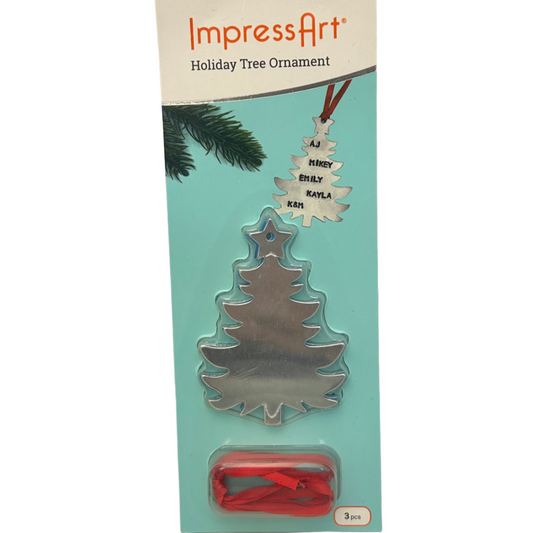 Packaged holiday tree ornament with names on a teal background