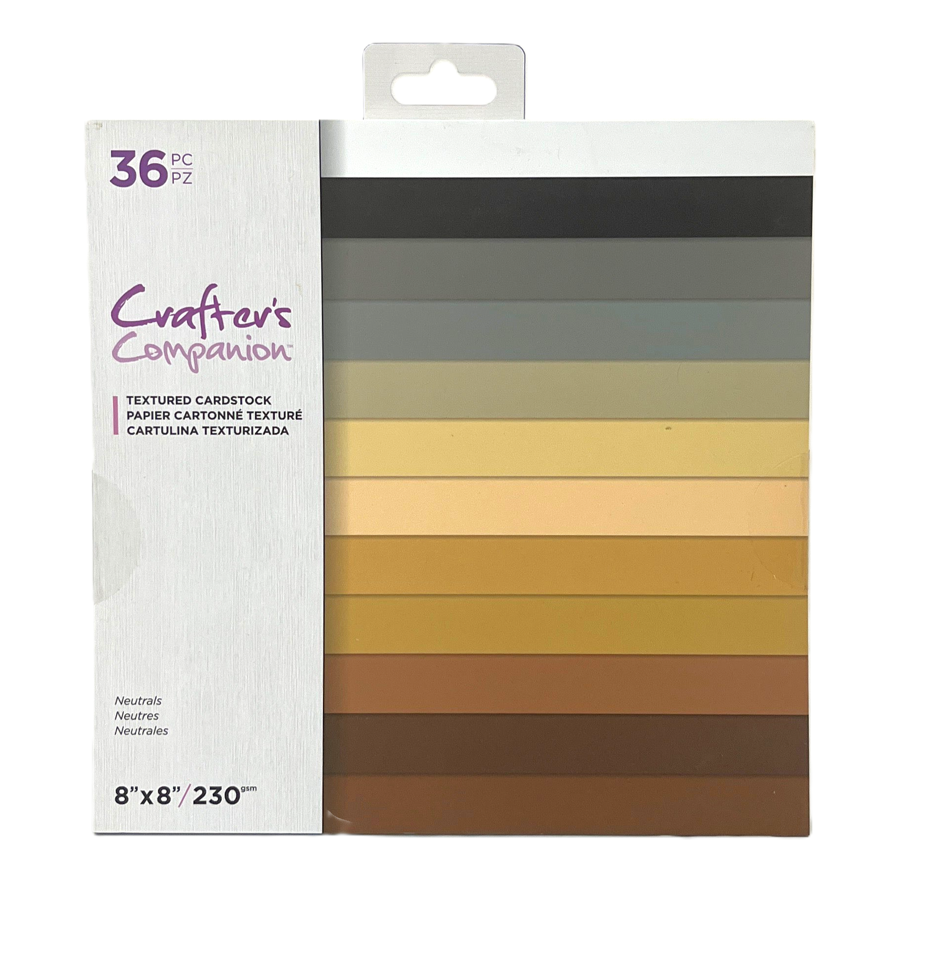 Packaging of Crafters Companion textured cardstock with neutral color swatches.