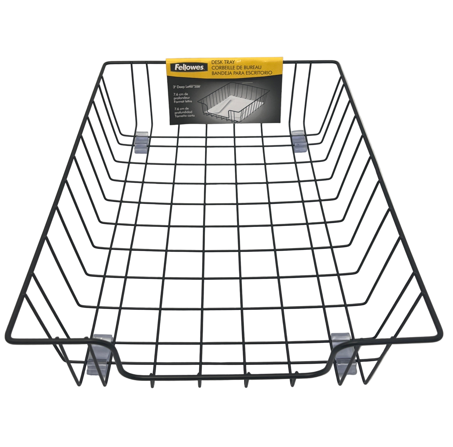 Black wire desk organizer with Fellowes branding on a white background