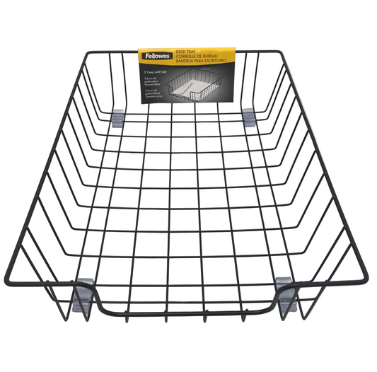 Black wire desk organizer with Fellowes branding on a white background