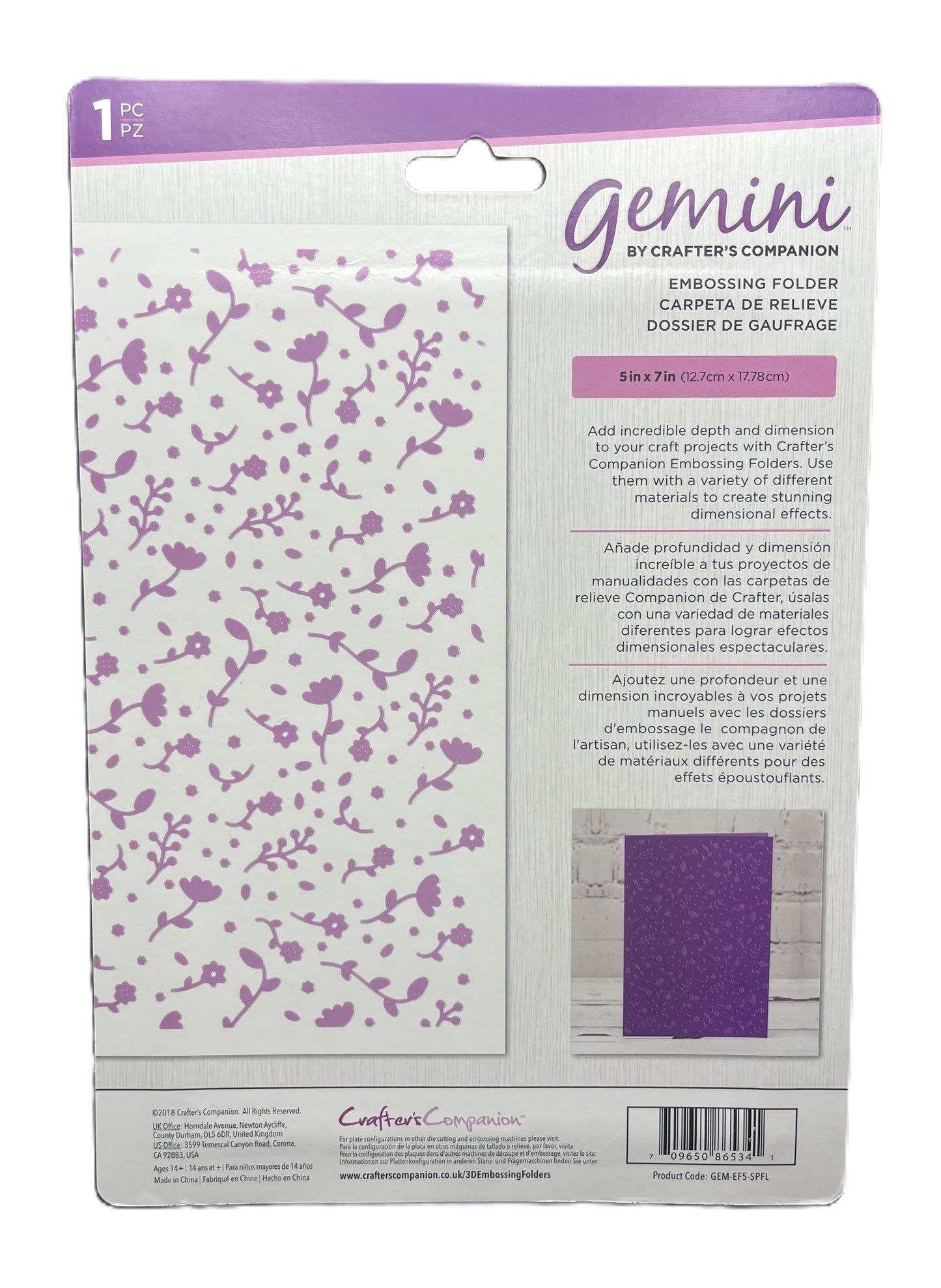 Embossing folder packaging with floral design and purple accents on a white background