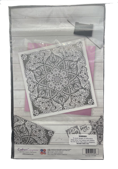 Clear plastic packaging with a mandala design on a pink background