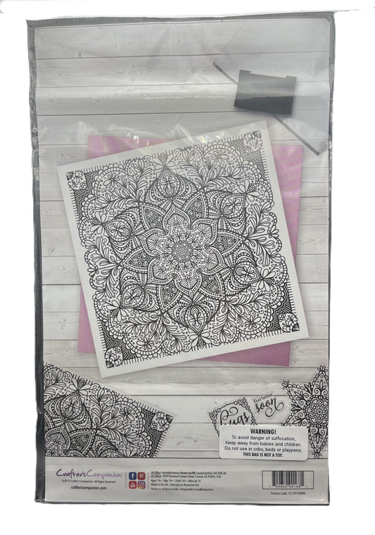 Clear plastic packaging with a mandala design on a pink background