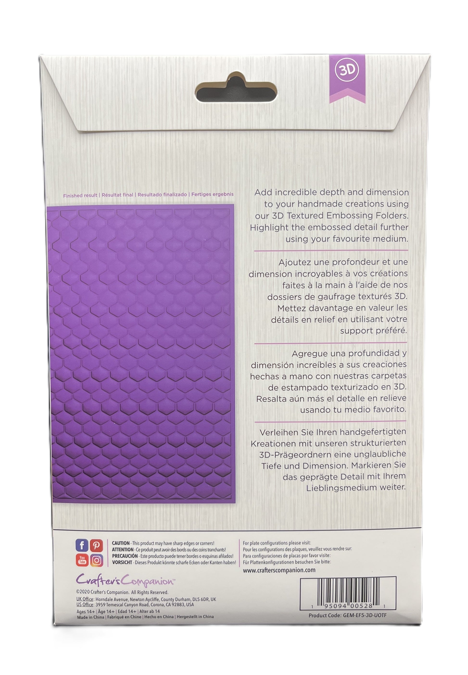 Packaging of a textured embossing folder with purple design on a white background