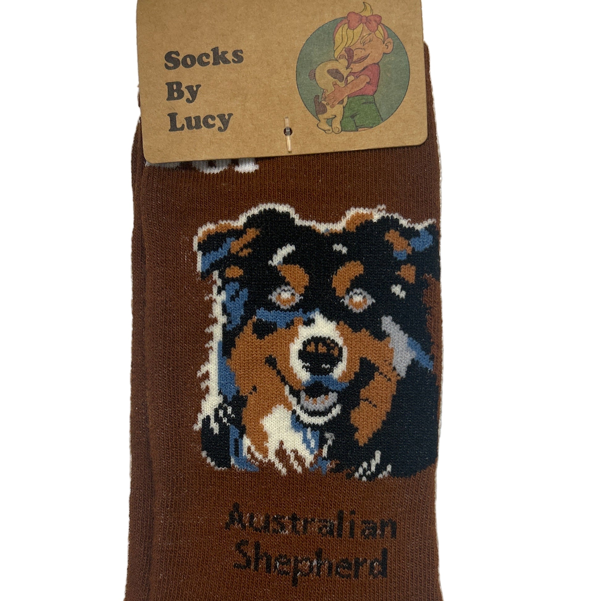 Brown sock with a dog design and 'Lucy' branding on a textured white background