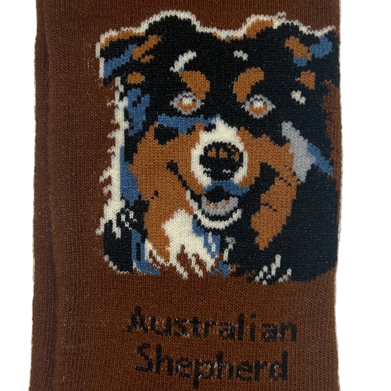 Sock with Australian Shepherd design and 'Socks By Lucy' packaging on a white background