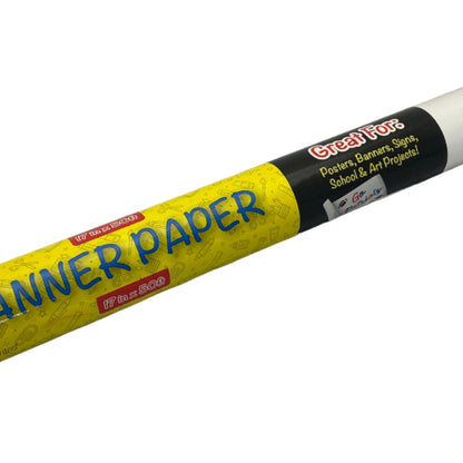 Roll of banner paper with text on a white background