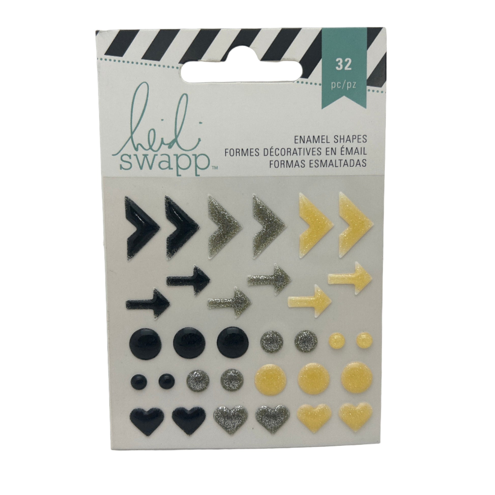 Packaged enamel shapes with black, yellow, and gray designs on a white background