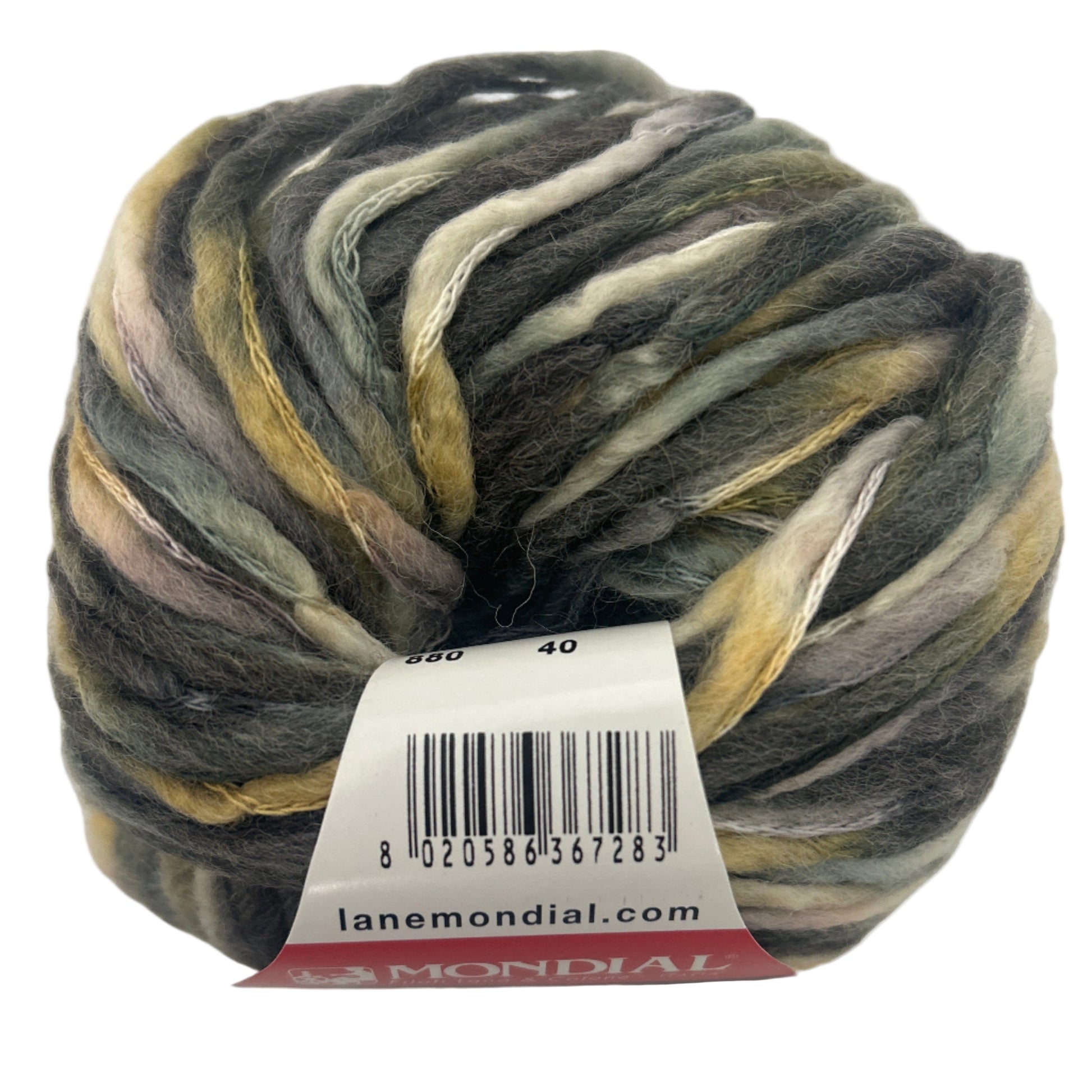 Multicolored skein of yarn with a label on a white background