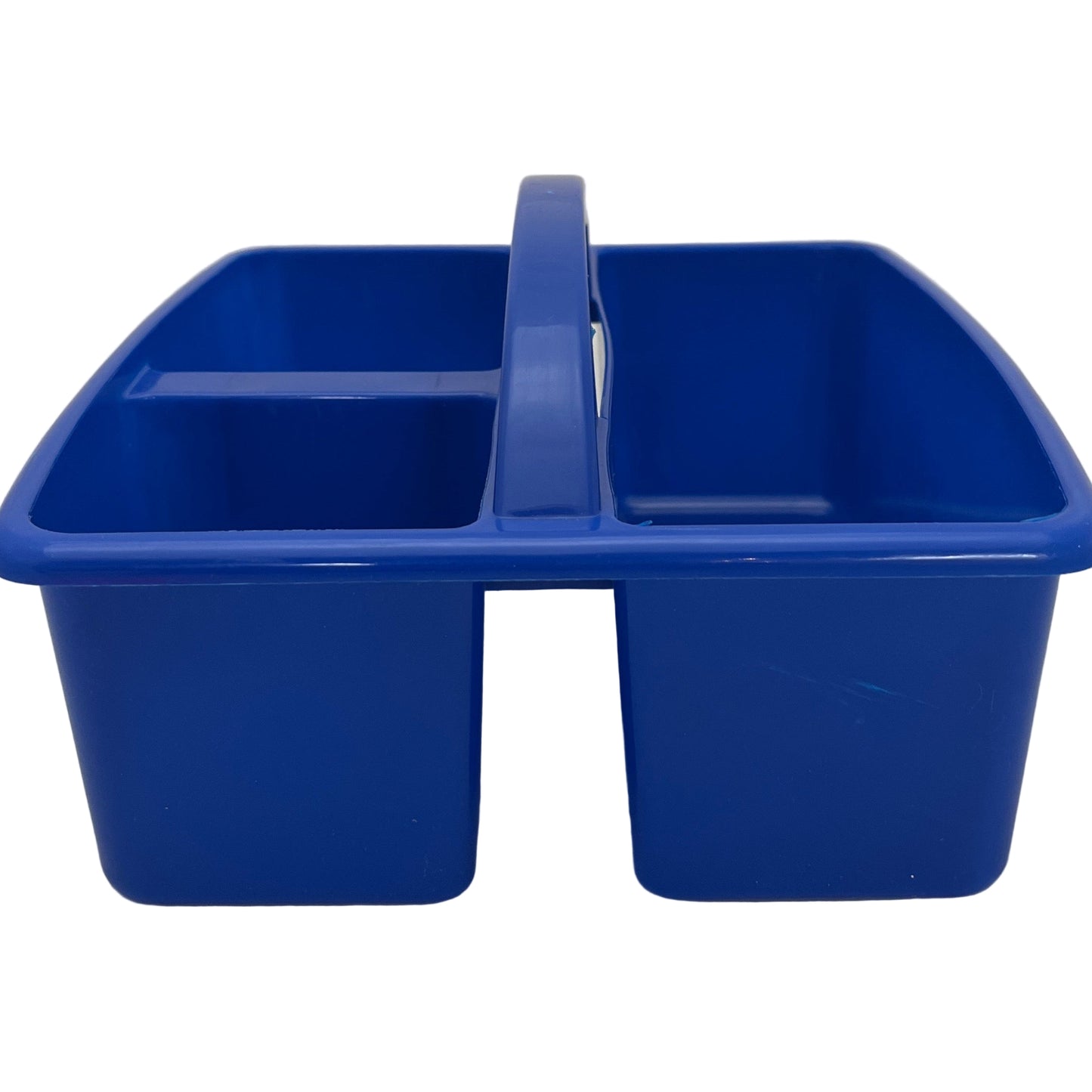 Blue plastic caddy with two compartments on a white background