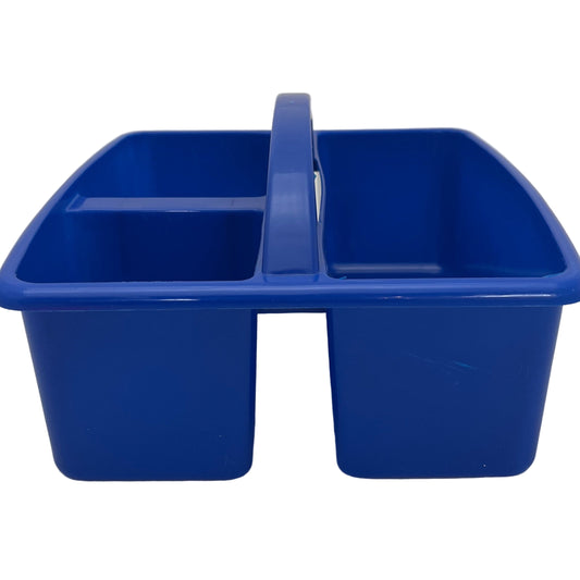 Blue plastic caddy with two compartments on a white background