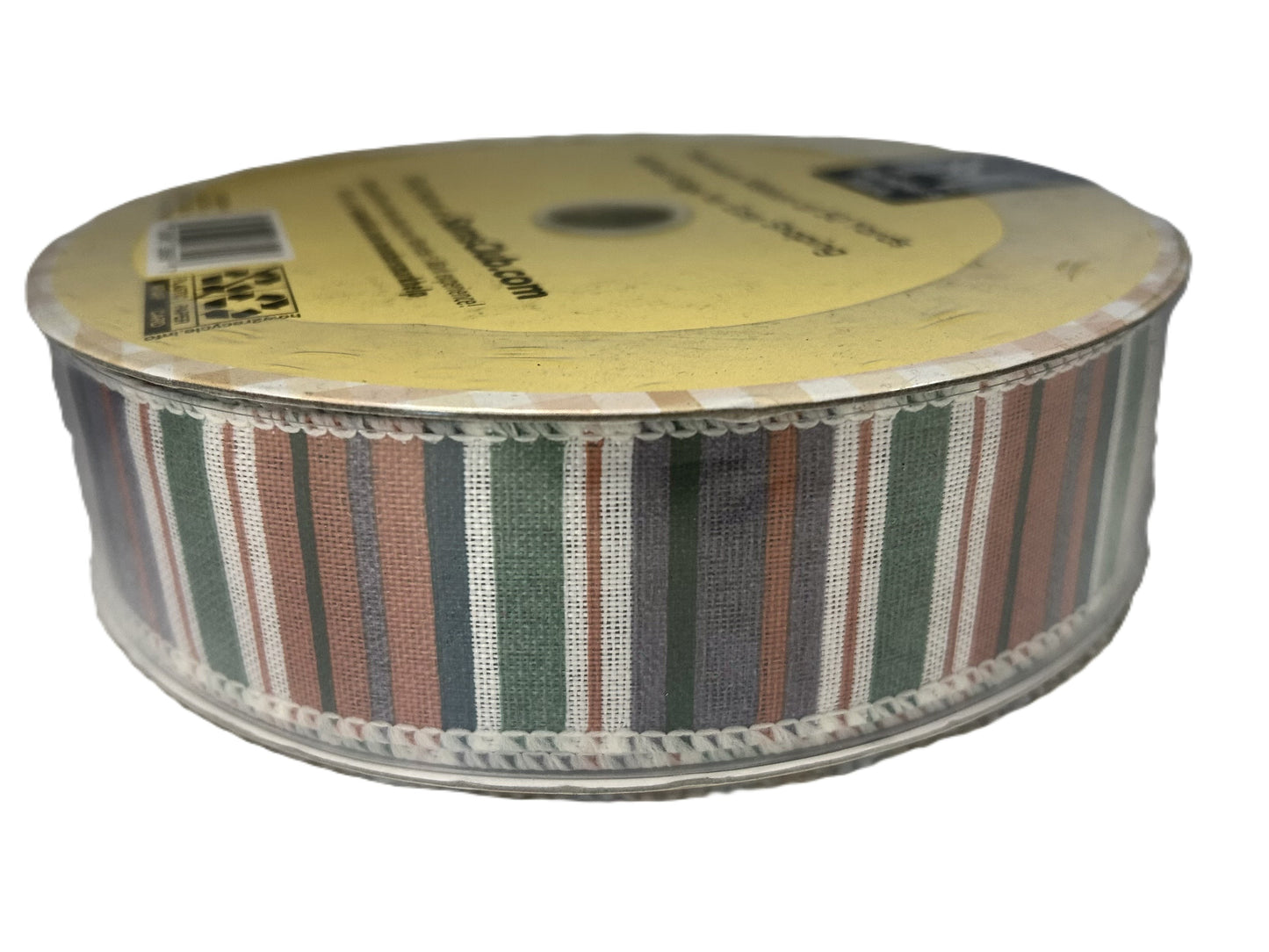 Striped ribbon on a spool with a visible brand label.