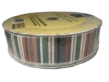 Striped ribbon on a spool with a visible brand label.