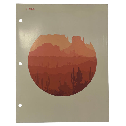 Notebook cover with desert landscape design and 'Mead' branding on a beige background