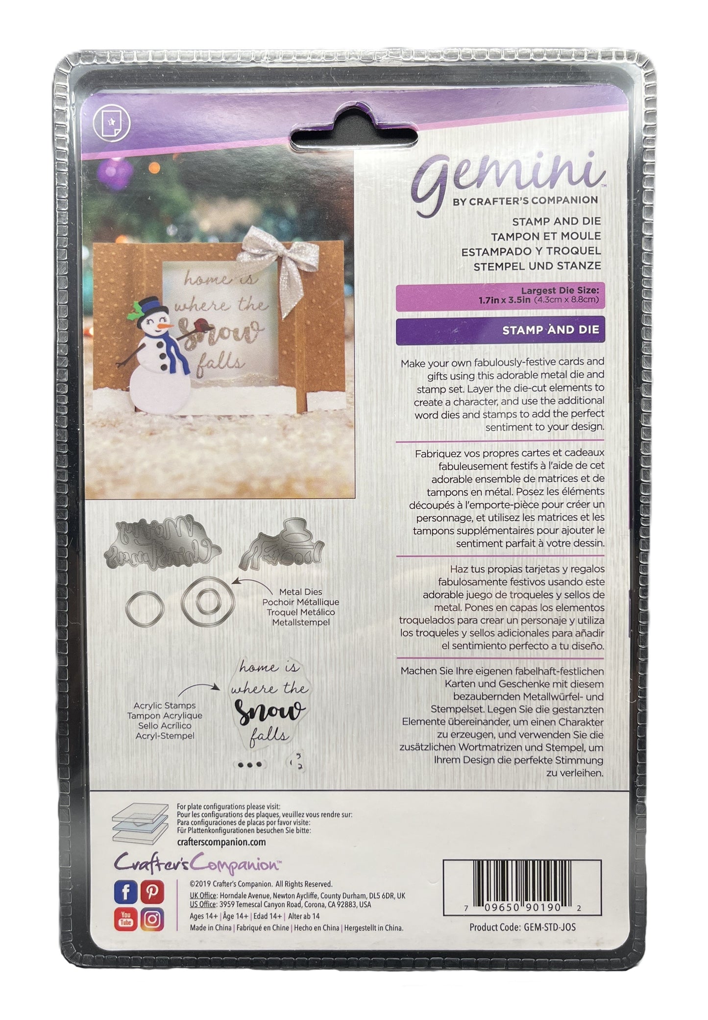 Product packaging for 'gemini' by Crafter's Companion with text and images of a snowman and card.