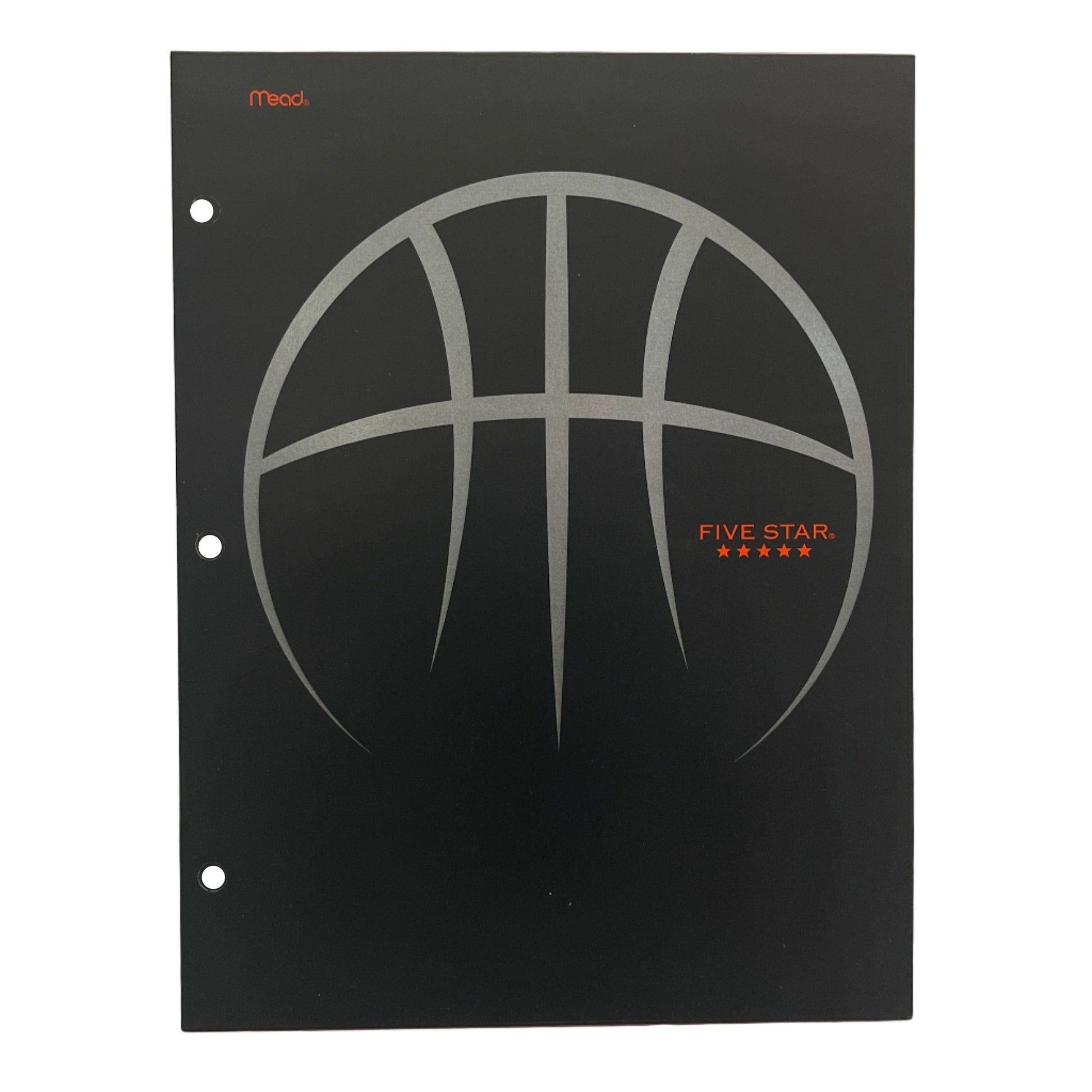Black notebook cover with basketball design and 'Five Star' branding on a white background