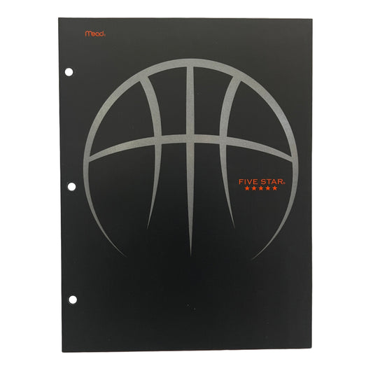 Black notebook cover with basketball design and 'Five Star' branding on a white background