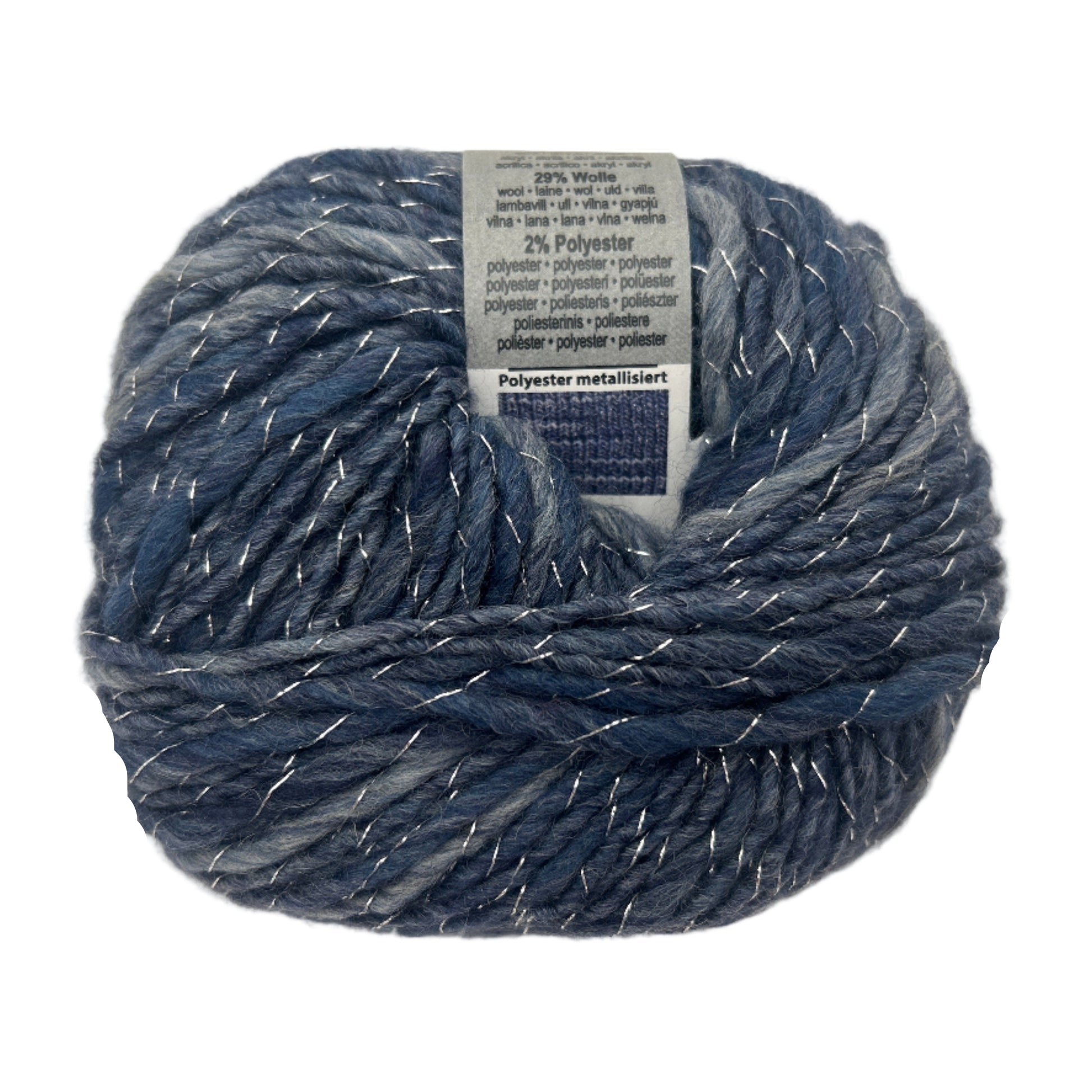 Blue yarn ball with a label on a white background