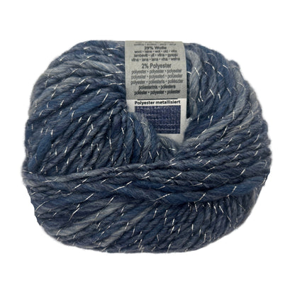 Blue yarn ball with a label on a white background
