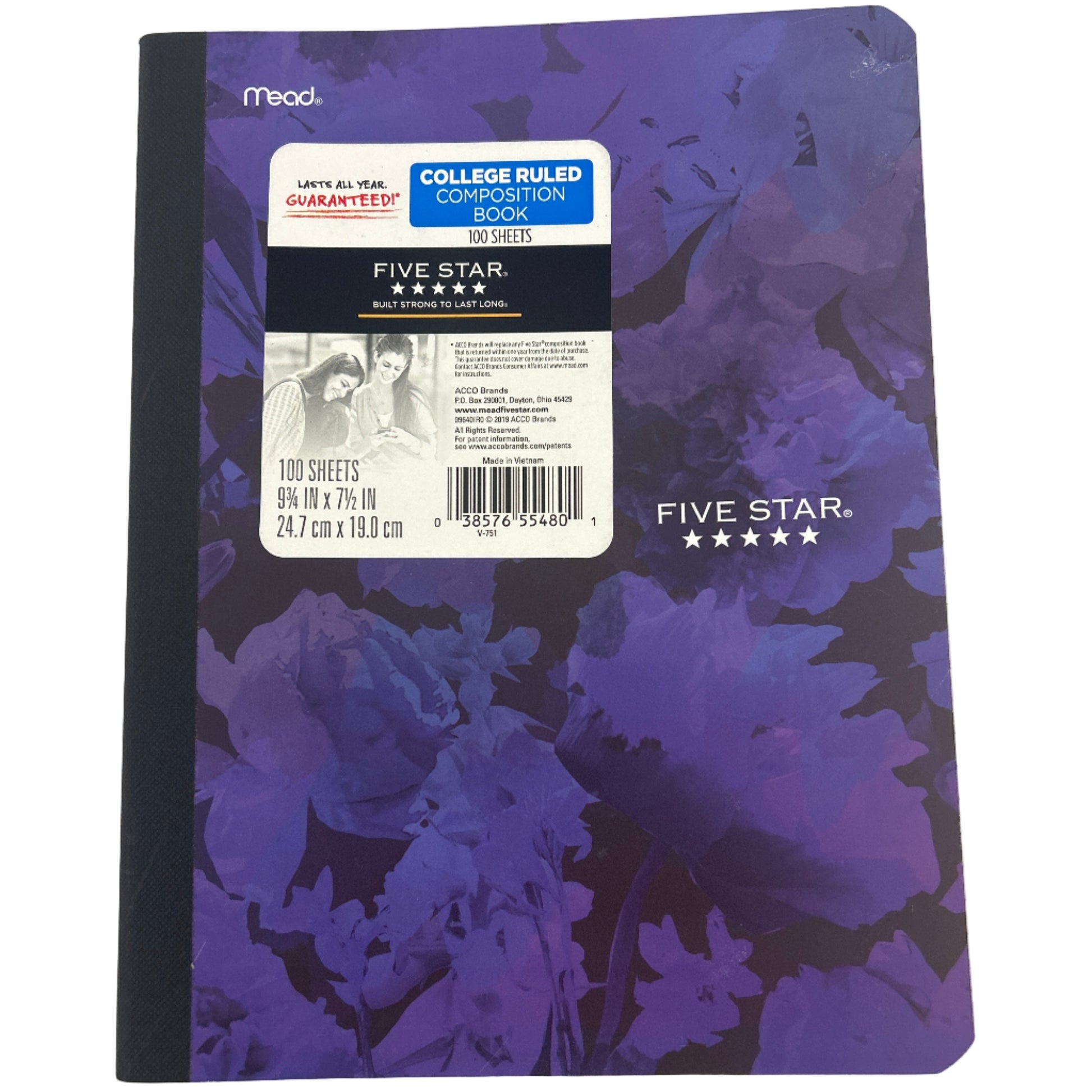 Purple notebook with floral design on a white background