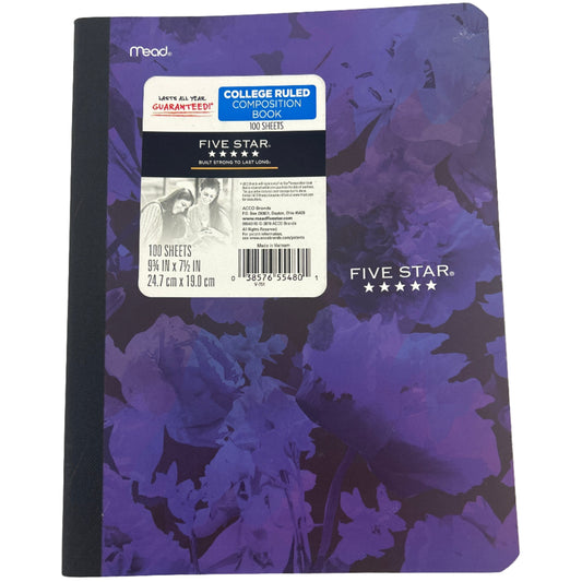 Purple notebook with floral design on a white background