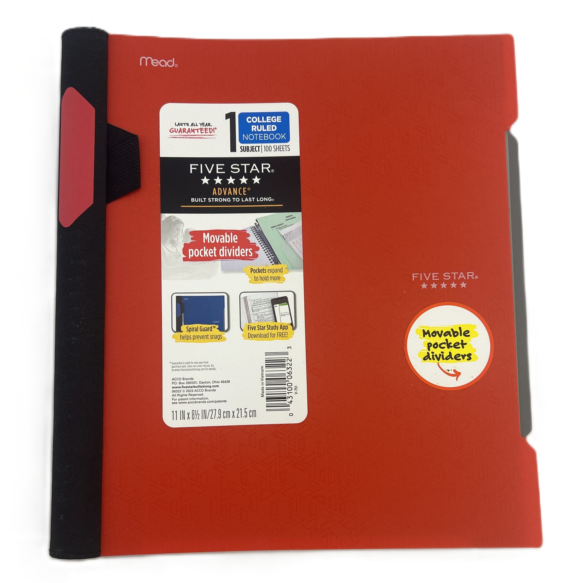 Red Five Star notebook with label on a white background