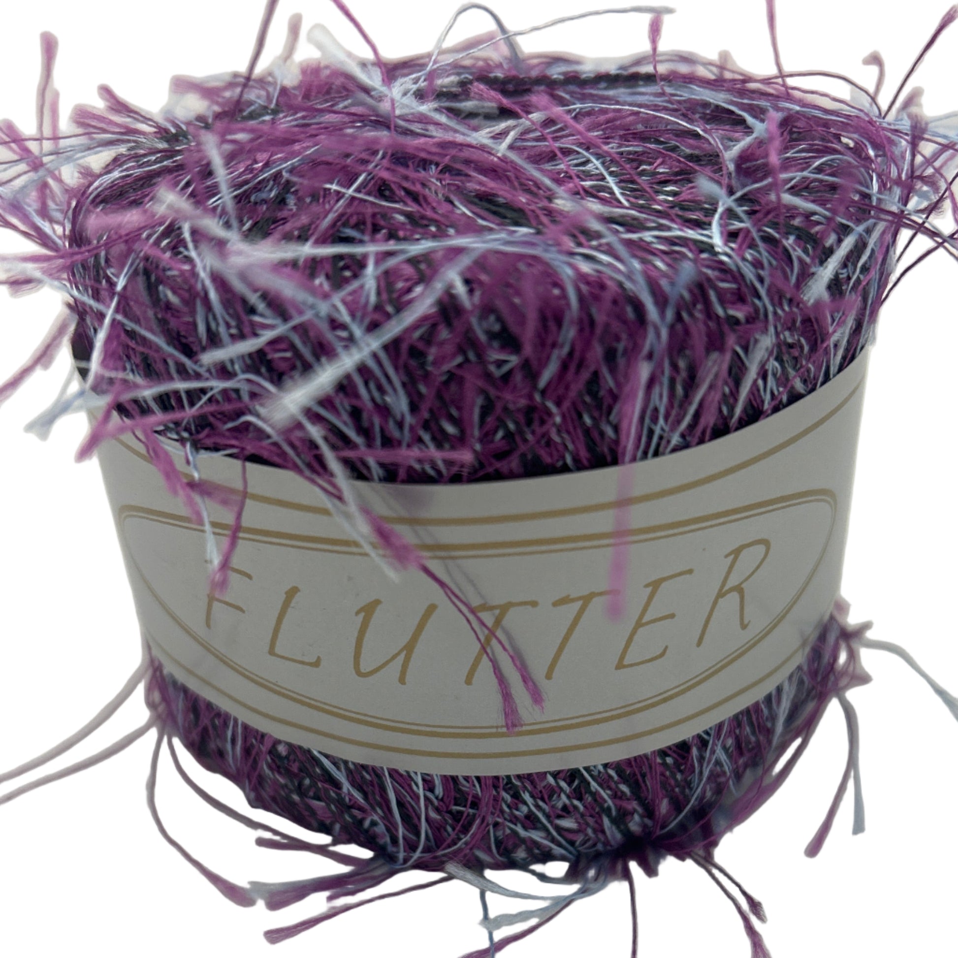 Purple yarn ball with 'Flutter' label on a white background