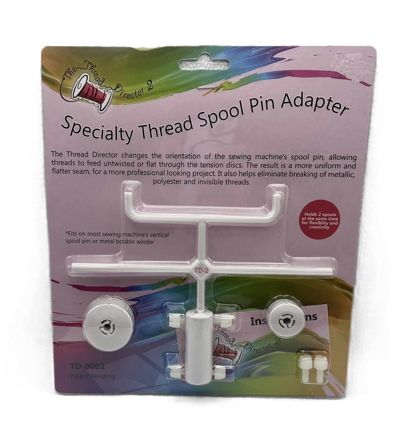 Specialty Thread Spool Pin Adapter packaging with text and product illustration on a white background