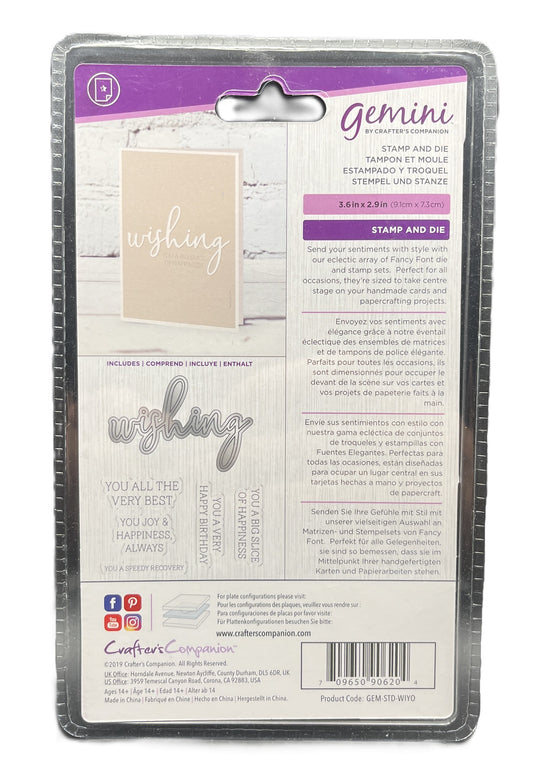 Package of Gemini stamp and die set with 'wishing' text on a white background