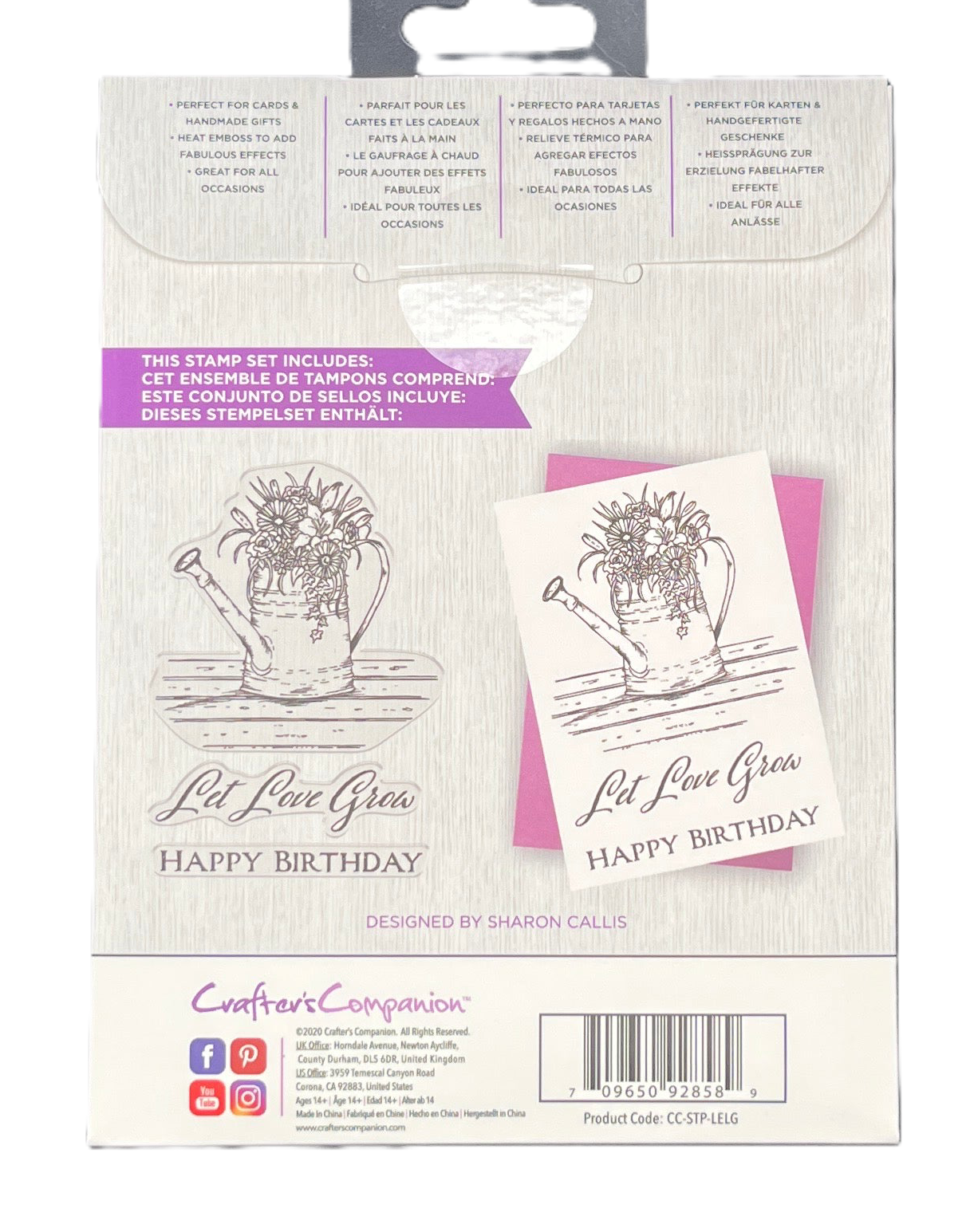 Packaging of a stamp set with floral design and text 'Let Love Grow Happy Birthday' on a white background.