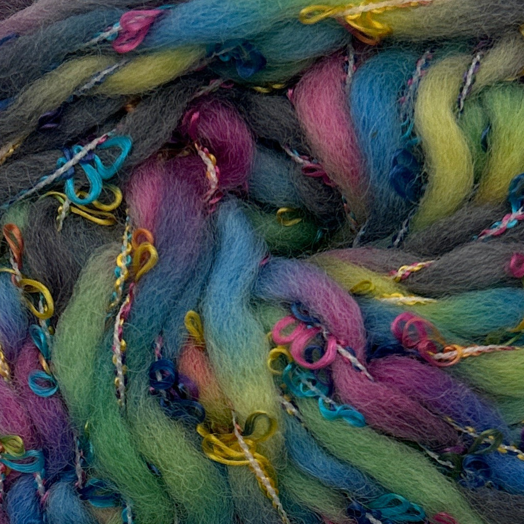 Multicolored skein of yarn on a white surface