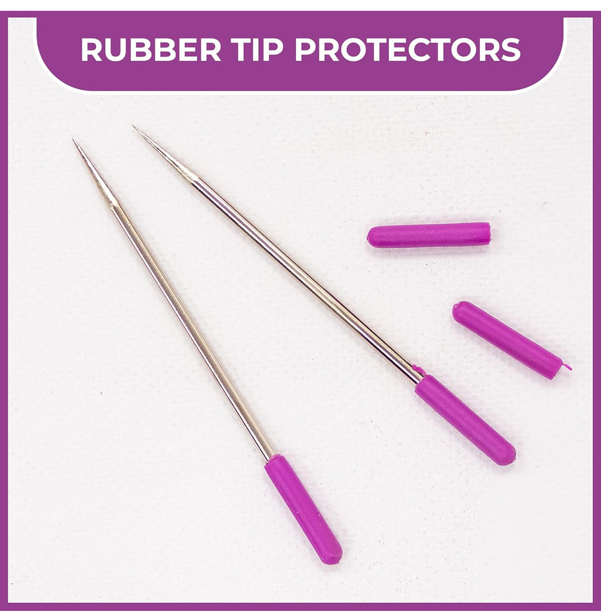 Two metal needles with purple rubber tips on a white background, labeled 'Rubber Tip Protectors'.