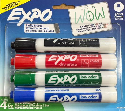 Packaging of Expo dry erase markers with various colors on a blue background