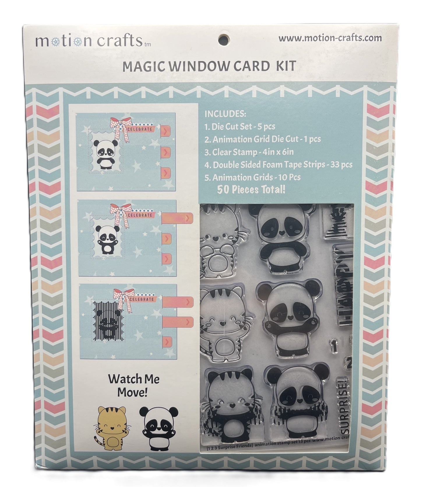 Packaging of a Magic Window Card Kit by motion crafts with panda-themed stamps and dies.