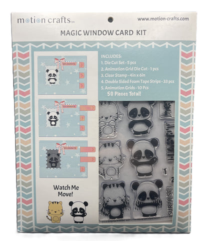 Packaging of a Magic Window Card Kit by motion crafts with panda-themed stamps and dies.