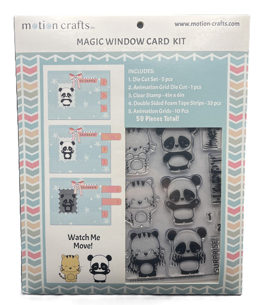 Packaging of a Magic Window Card Kit by motion crafts with panda-themed stamps and dies.