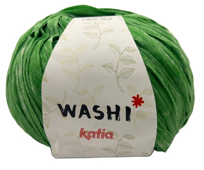 Green ball of yarn with a Katia label on a white background