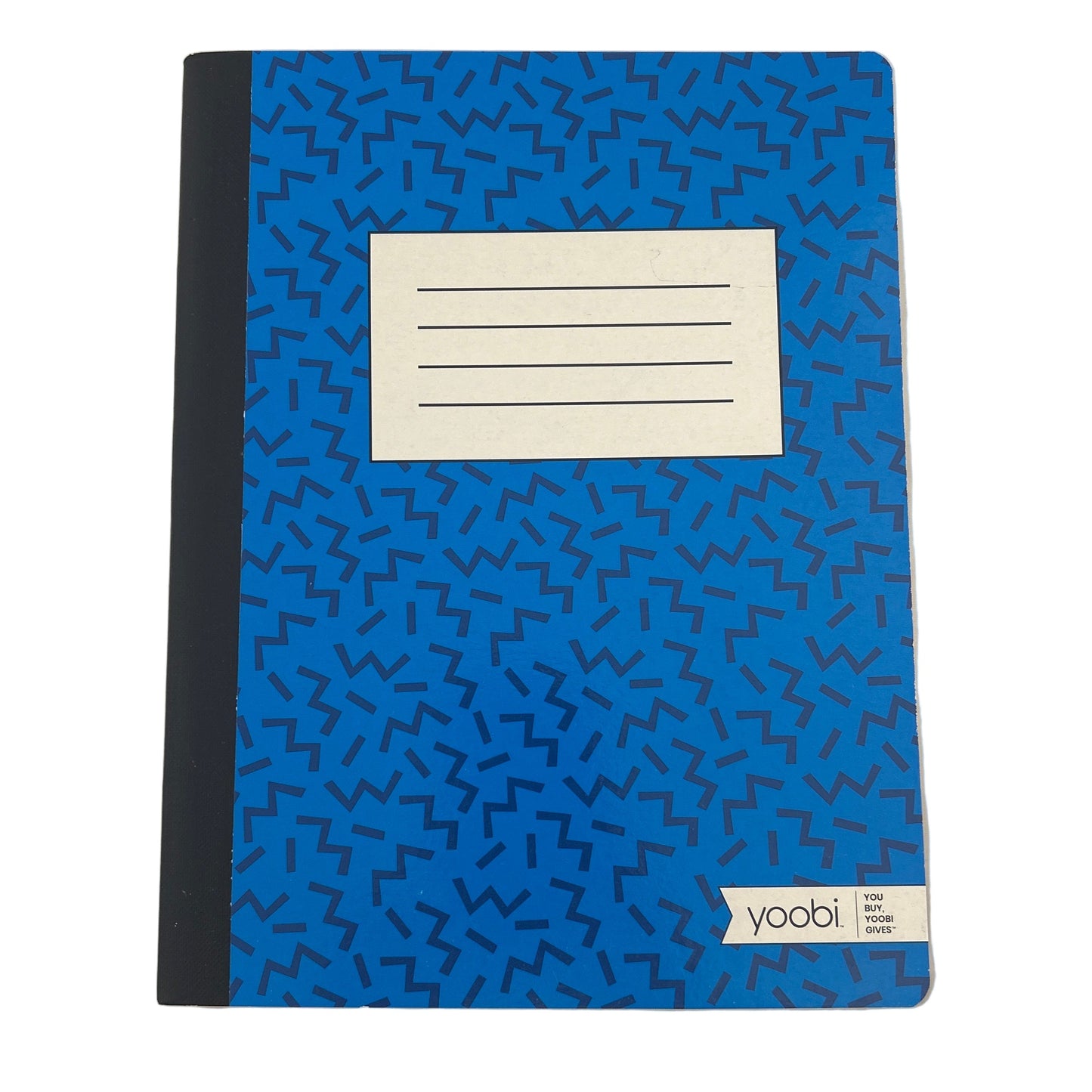 Blue notebook with black pattern and beige label on a white background