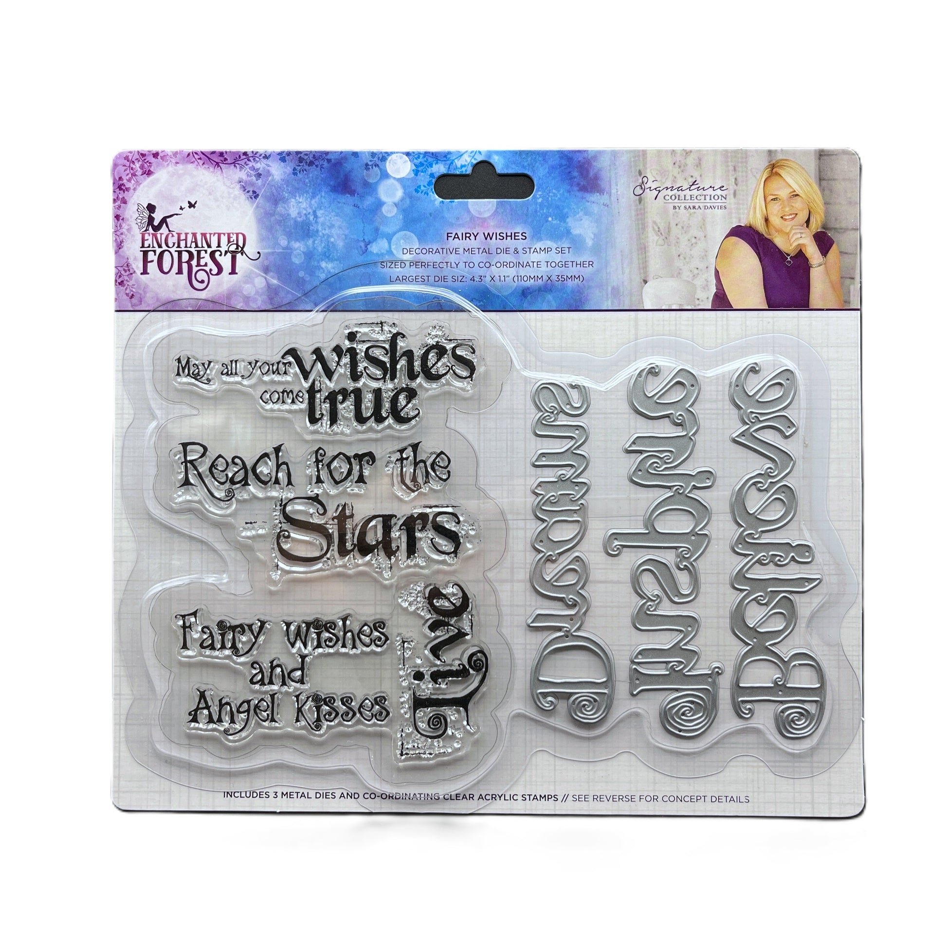 Metal dies with engraved text on a packaging with 'Enchanted Forest' branding.