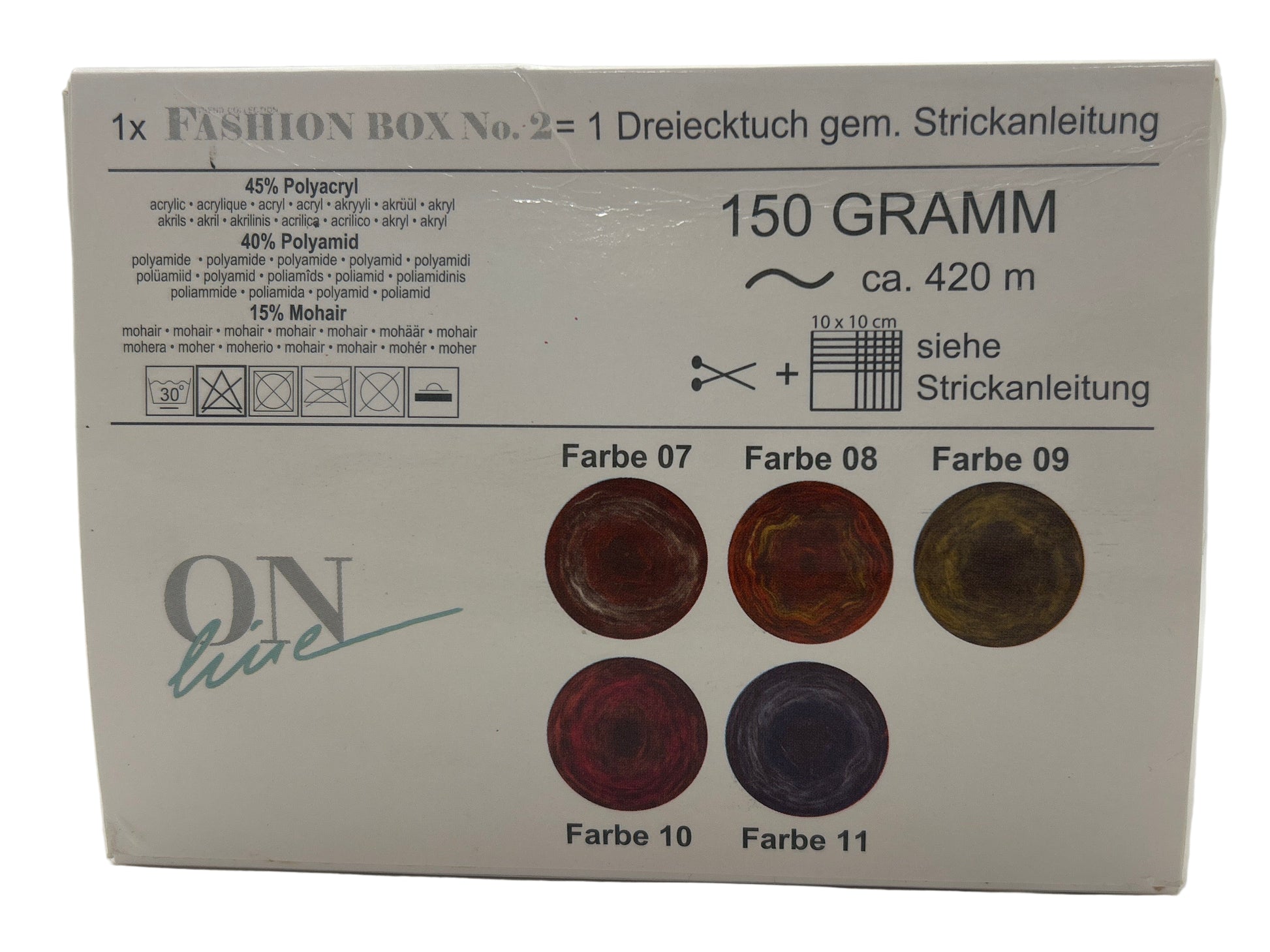 Box of yarn with color swatches and text on a white background
