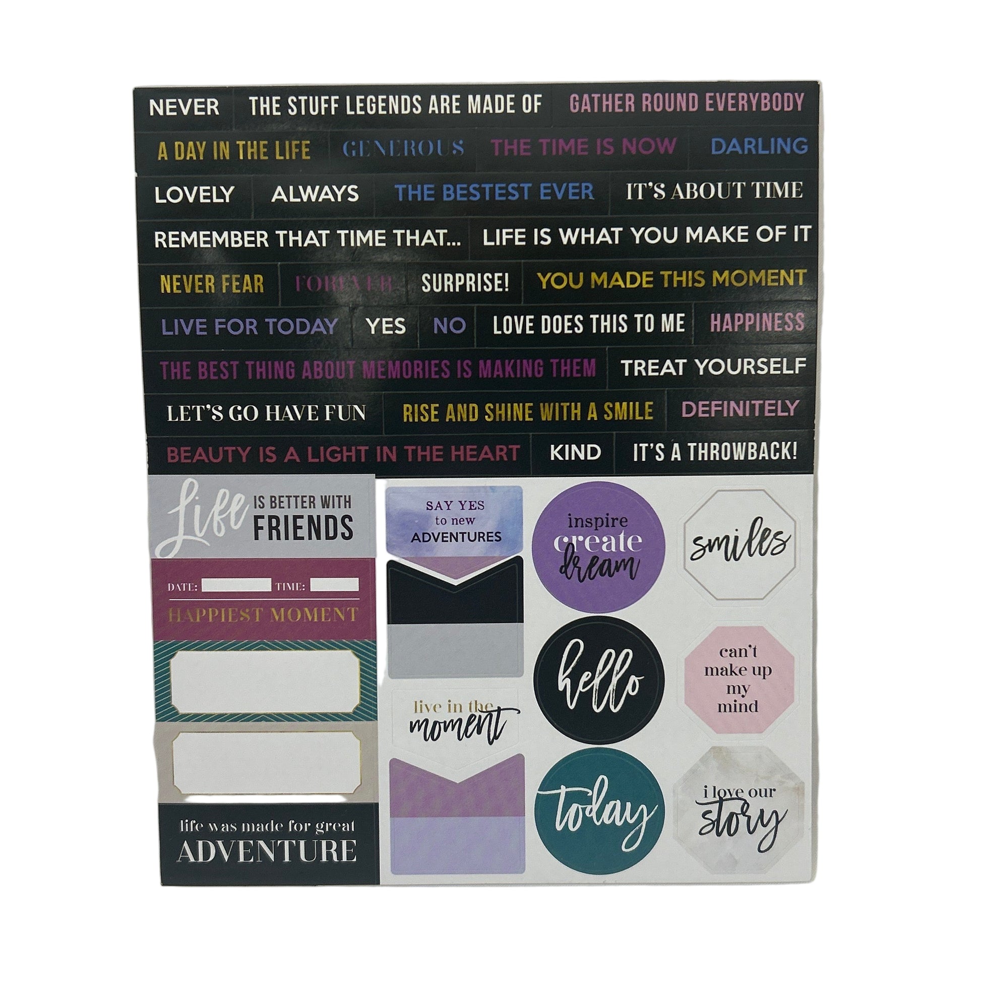 Set of decorative stickers with various designs and text on a white background