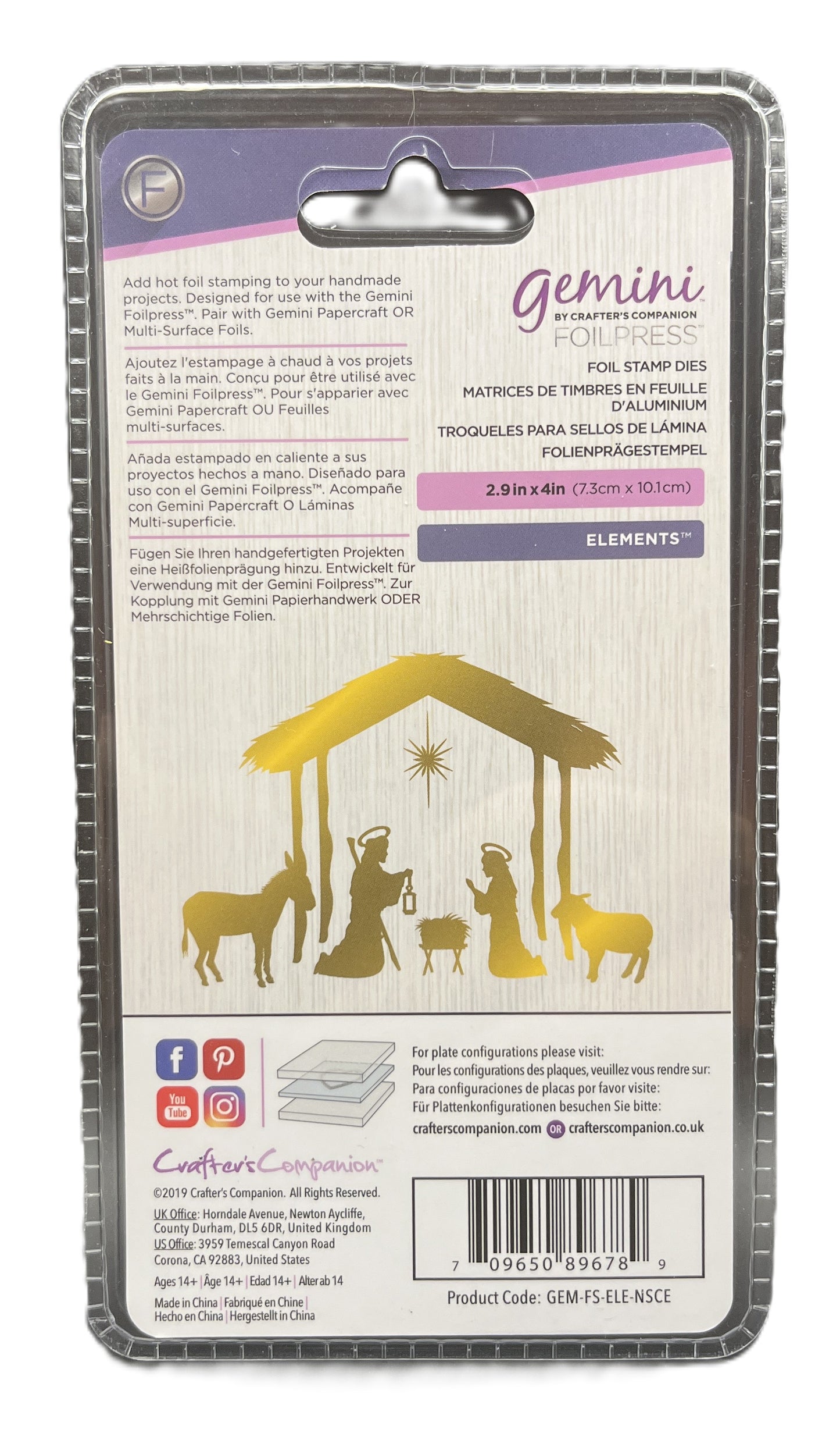 Back of Gemini ForeEdge foil stamp with nativity scene design and product details.