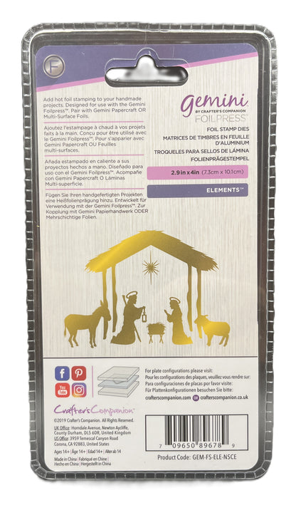 Back of Gemini ForeEdge foil stamp with nativity scene design and product details.